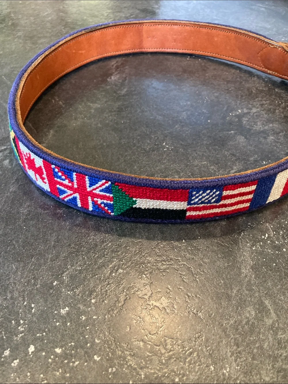 Men Dan Lace PJ Olympic flags needlepoint leather belt size 32